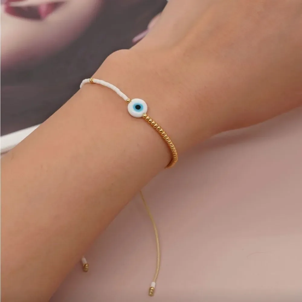 White Evil Eye Beaded Bracelet N1293